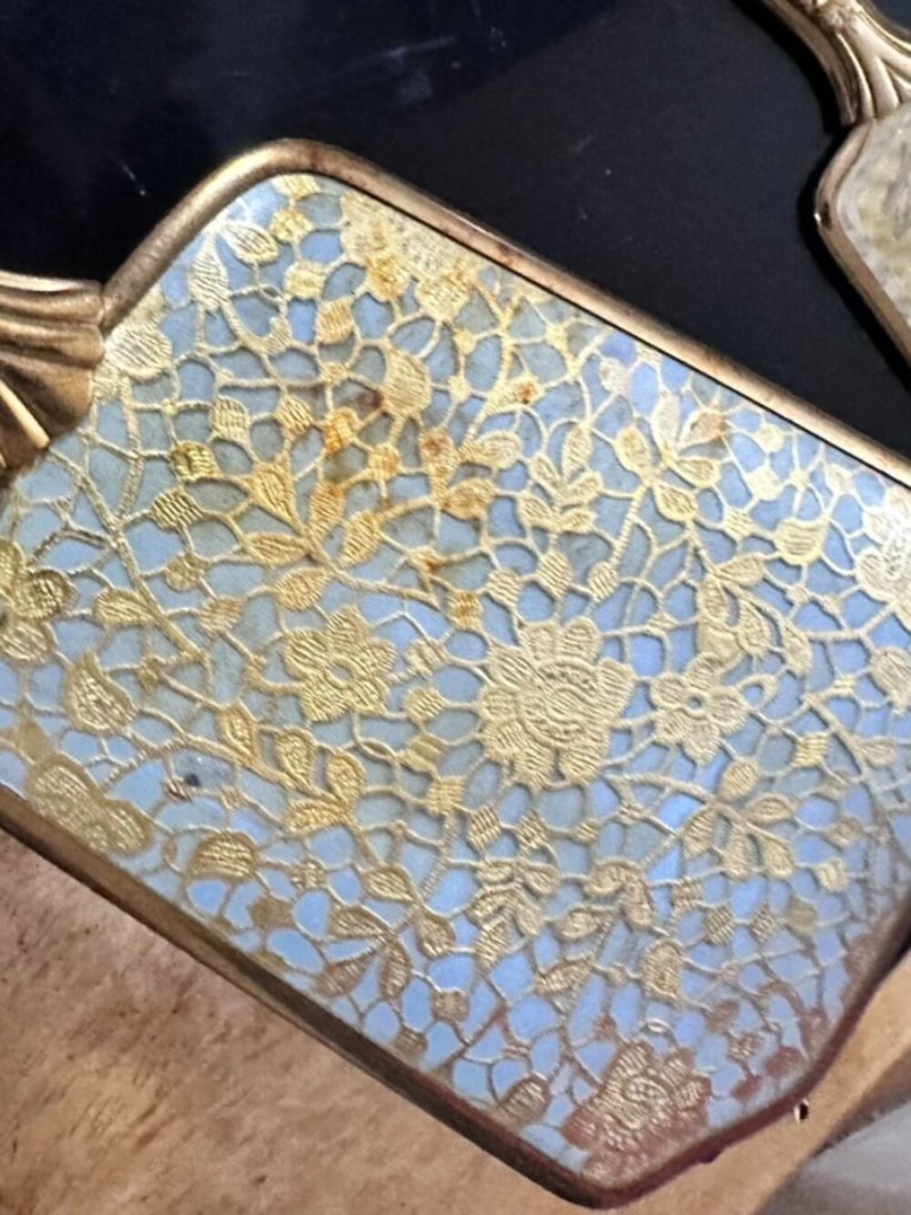 Vintage Mid Century Gold Tone Vanity Mirror & Hair Brush Set Floral Lace 1955–65 - Picture 6 of 8
